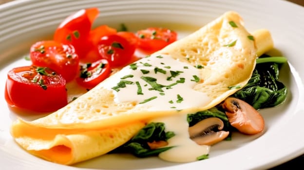 A folded omelette with spinach, mushrooms, a creamy sauce, and cherry tomatoes on the side.
