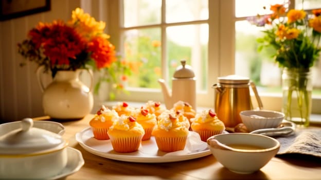 A plate of freshly baked muffins amidst a rustic kitchen setting with vibrant flowers.