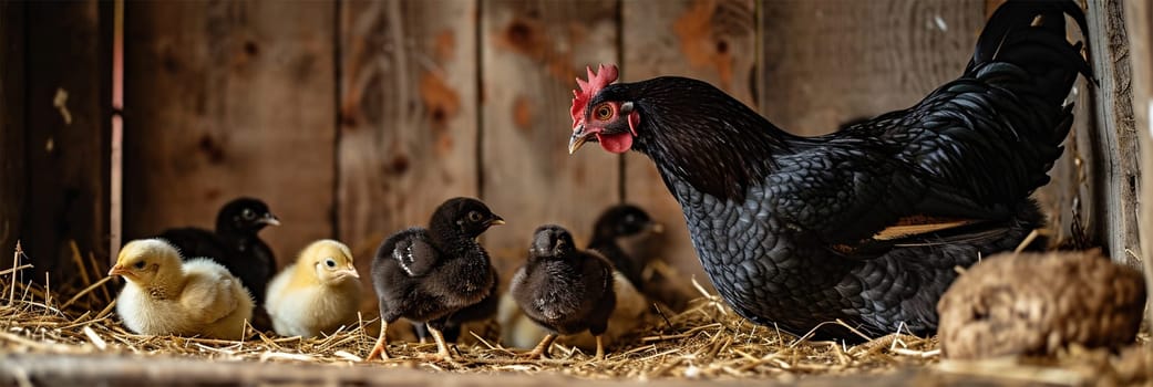 A mother hen watches over her chicks in a cozy wooden coop filled with straw.