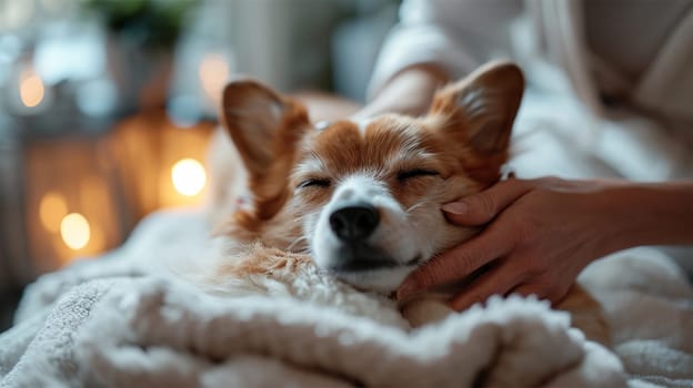 A contented dog enjoys a gentle petting, dozing off in a warm, fuzzy blanket. Cozy Canine Slumber.