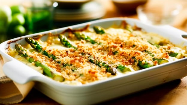 Baked asparagus gratin with a crispy breadcrumb topping, served in a white ceramic baking dish.