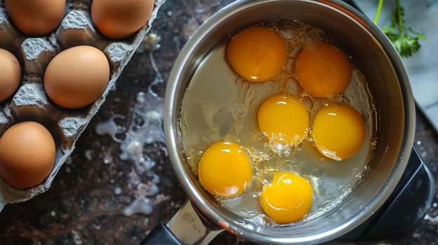 Fresh raw eggs are immersed in a pan, a cardboard box lies next to it. Copy space.