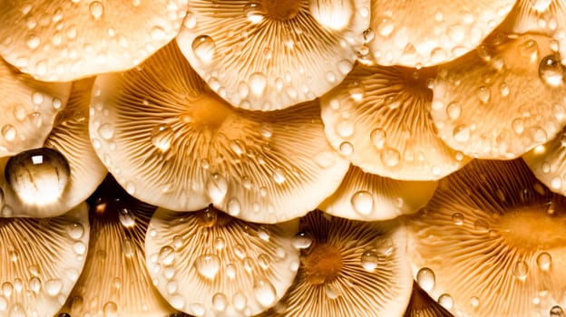 Close-up of glistening golden mushrooms with water droplets enhancing their texture.
