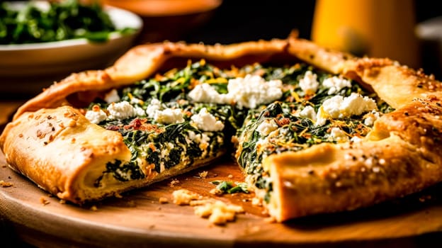 A slice of spinach and feta pie on a plate, showcasing the flaky crust and rich filling,