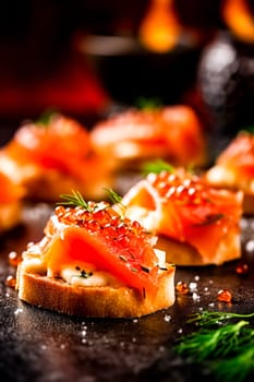 Gourmet smoked salmon crostini with caviar and dill, arranged artfully with dramatic lighting.
