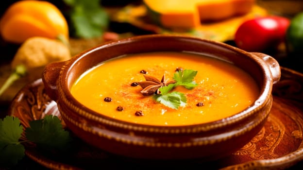 A rustic bowl of creamy pumpkin soup seasoned with autumn spices, garnished with cilantro.