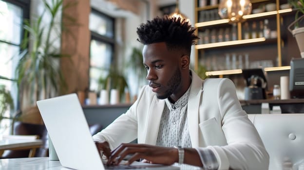 A man in light-colored clothing is engrossed in his laptop in a well-lit restaurant, working remotely.
