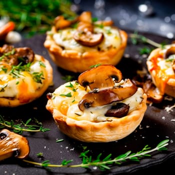 Savory mushroom pastries garnished with fresh herbs on a textured slate surface.