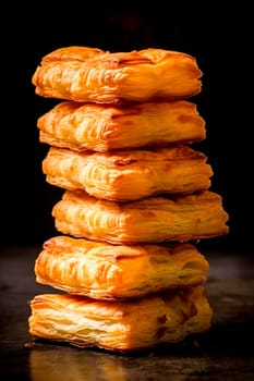 A stack of golden-brown, flaky pastries on a dark backdrop, exuding a tempting aroma and texture.