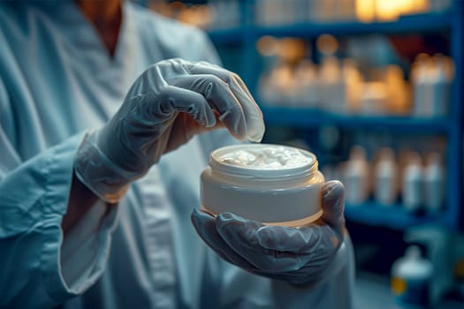 A lab technician inspects a jar of cream in a pharmaceutical manufacturing setting, highlighting quality control. Pharmaceutical Cream Inspection.
