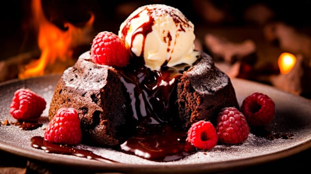 Warm chocolate lava cake with vanilla ice cream and fresh raspberries, a luxurious dessert.