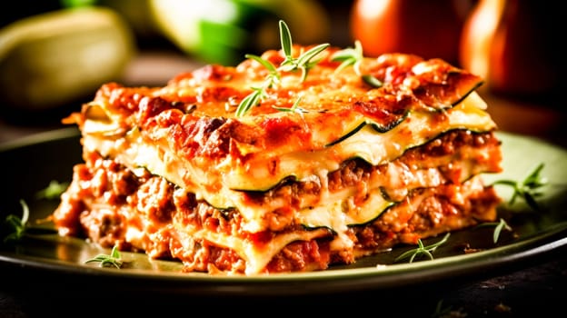 Layers of lasagna with rich meat sauce and melted cheese, garnished with herbs.