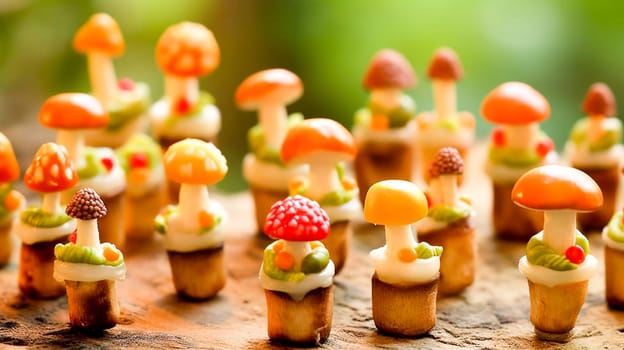 Artistic marzipan mushrooms in bright colors, imitating a fairytale scene.