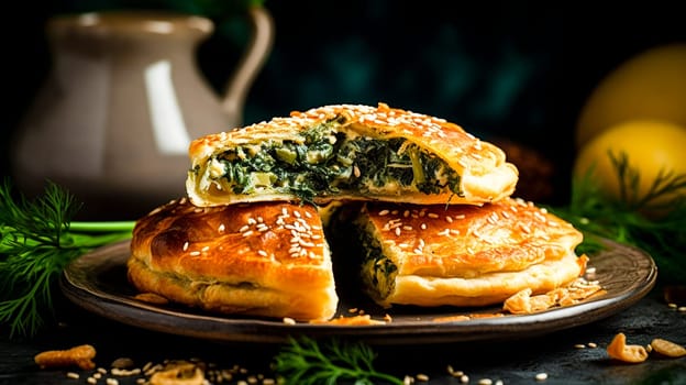 Sesame seed sprinkled pastry filled with spinach and feta, cut in half to reveal the filling, with dill garnish.