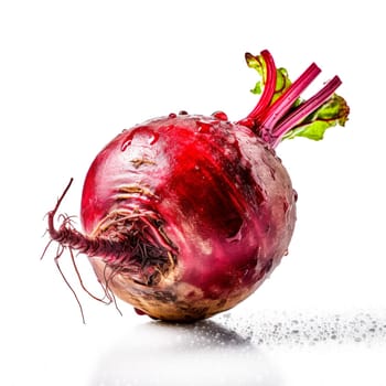 A single fresh beetroot with water droplets against a white background, highlighting its vibrant red hue.