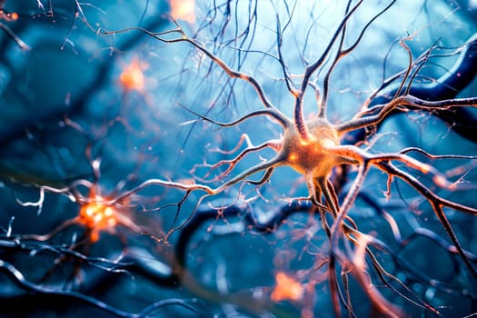 A visually striking simulation of a neural network with glowing connections on a dark background.