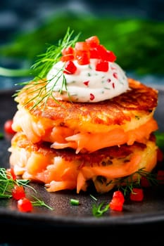 A savory stack of salmon-topped potato pancakes garnished with cream and dill on a dark plate.