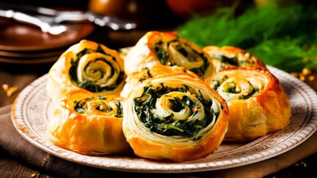 Spinach and cheese pastry presented with culinary elegance on an ornate plate.