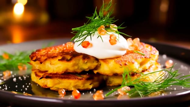 golden potato pancakes topped with sour cream, dill, and roe, served on a dark plate with warm lighting.