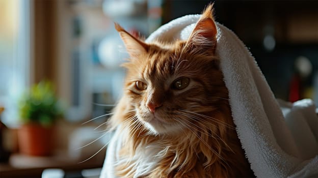 A majestic red cat with a white towel looks to the side in a warm room.pet salon