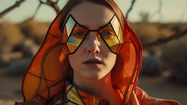 A woman in a desert setting wears glasses with a geometric, stained-glass design, lending an artistic flair.