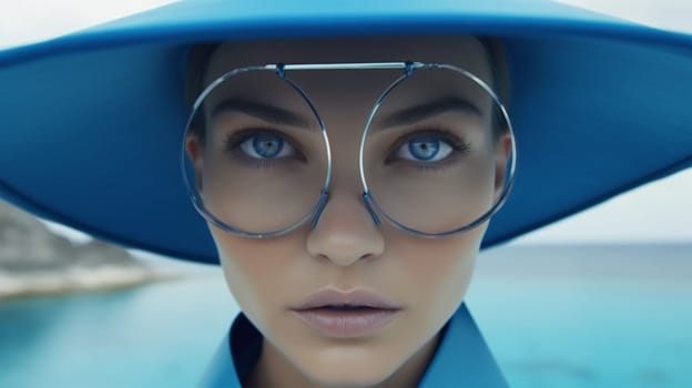 A striking portrait of a woman with blue fashion accessories and sharp gaze, evoking elegance.