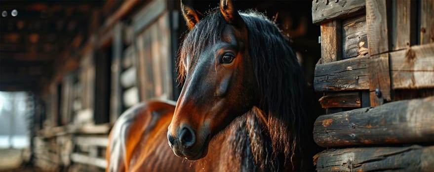 A horse peeks out from a rustic wooden stable, with a soft focus on its mane and eye.concept about farm life and animal protection