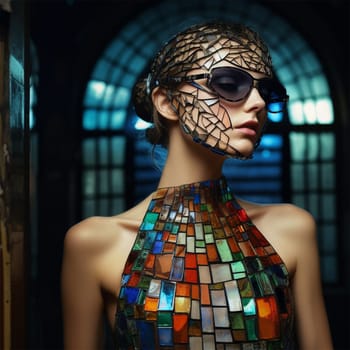 An artistic portrait of a woman adorned with a mosaic neckpiece and geometric veil, exuding avant-garde style.