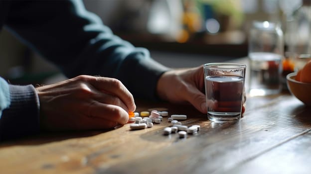 Close-up of hands sorting various pills with a glass of water, focused on daily health management.