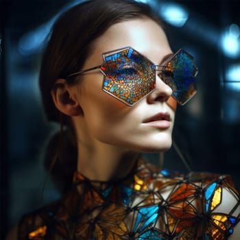 A close-up portrait of a woman with unique mosaic glasses reflecting a vivid pattern.Mosaic Glasses and Artistic Glamour.