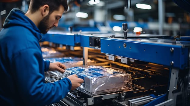 Worker in blue inspecting packaged products on a factory conveyor belt.