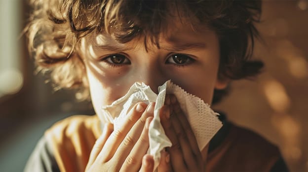 Child's Flu Season Woes. A young child with curly hair blowing their nose, a candid moment highlighting childhood and health.