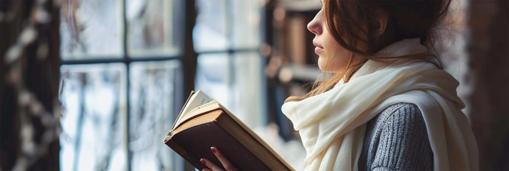 A young woman, wrapped in a scarf, is absorbed in reading a book by the window, peaceful.