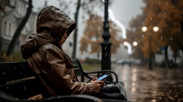 A child engrossed in a smartphone sits alone on a bench in the rain, an urban scene of solitude and technology. Copy space.Impact of technology, mental health awareness campaigns, urban lifestyles.