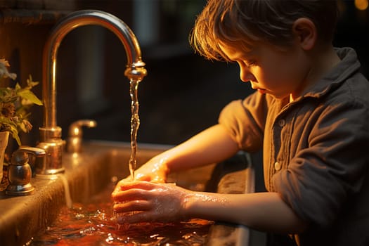 A young boy washes his hands in the sink, bathed in warm light, highlighting hygiene and innocence.