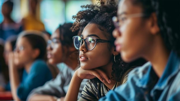 Profile of young students focused on a lecture, depth of field in a classroom setting. Copy space.