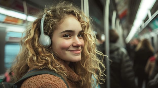 A young woman enjoys music on headphones while riding the subway. Copy space.,Generative AI