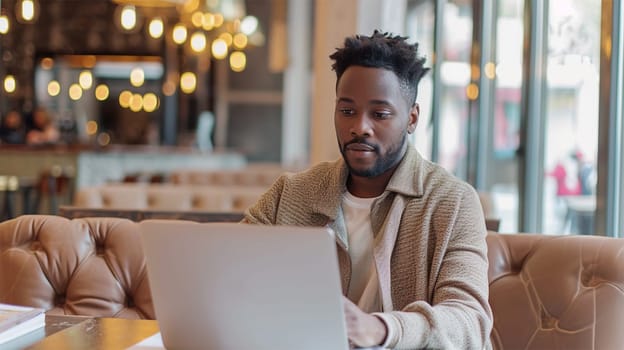 A young man intently working on his laptop in a modern cafe environment