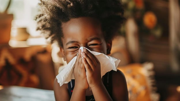 A cheerful child with a wide smile uses a napkin while sitting in a warmly lit room.