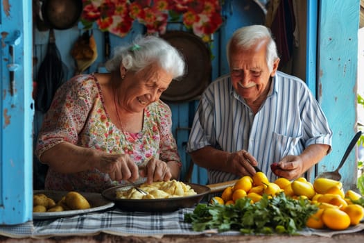 A senior couple shares a laugh while preparing a meal, surrounded by fresh produce in a rustic kitchen.