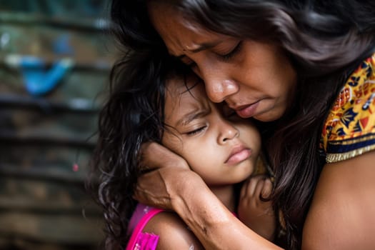 A mother holds her child close in a comforting embrace, a poignant moment of love and care.