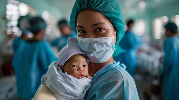 A healthcare worker in scrubs holds a newborn, with a busy hospital backdrop. Copy space.