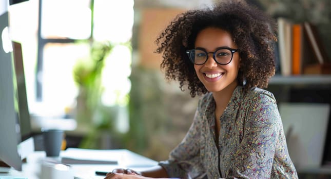 A cheerful woman with curly hair working at a computer, personifying the ease of remote work. Copy space.