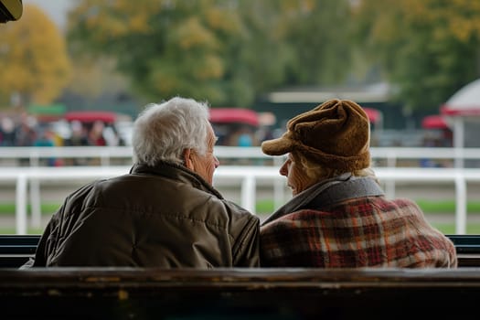 happy elderly couple having a cozy time at the racetrack watching the races