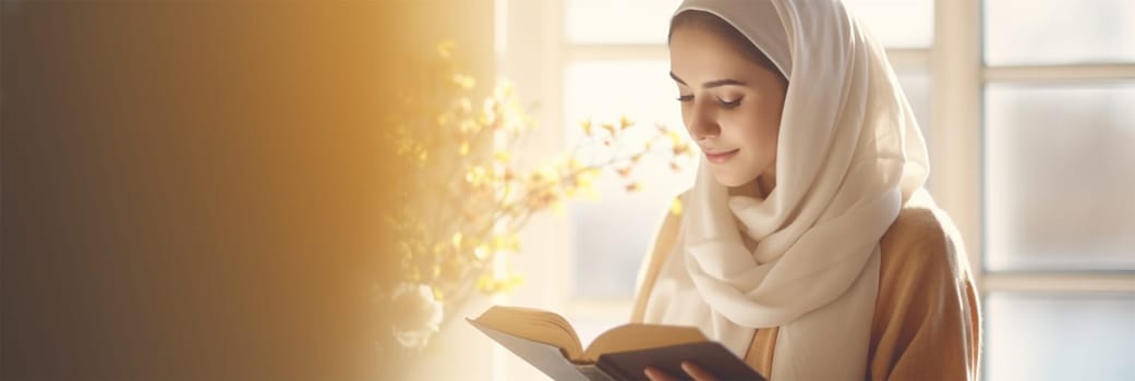 A woman in a hijab reading a book by a sunny window, evoking tranquility and enlightenment.Serene Reading Moment. Copy space.