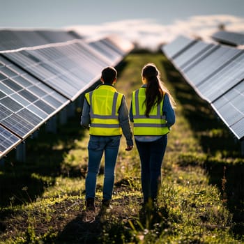 Two engineers in high-visibility vests walking among solar panels, symbolizing sustainable energy solutions.