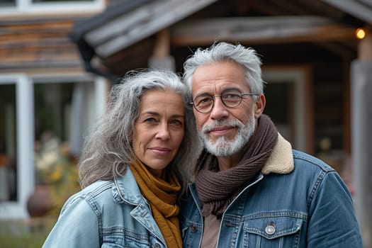 A mature couple stands confidently in front of their home, radiating grace and filled with shared life stories. Copy space.