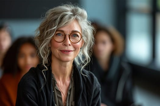 A mature woman with glasses and curly gray hair attentively listening in a meeting.