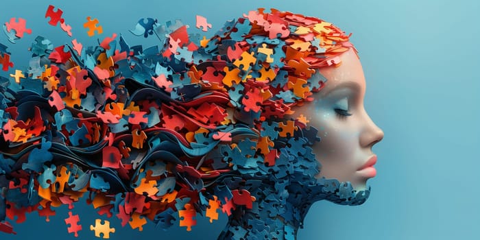 Woman surrounded by puzzle pieces, creative mind, exploding brain full of ideas and imagination, education concept, colorful jigsaw