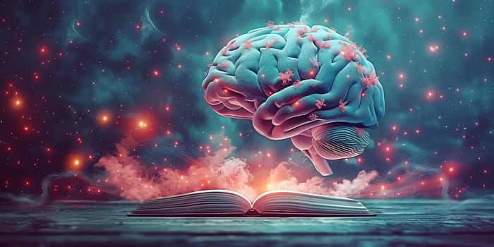 Book with human brain, fantasy and imagination, education science concept, learning new skills, have wisdom and knowledge